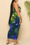Peacock Blue Sexy Casual Floral Print Backless Spaghetti Strap Long Dresses