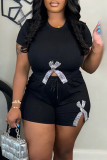 Black Casual Print Draw String Patchwork Slit O Neck Short Sleeve Two Pieces