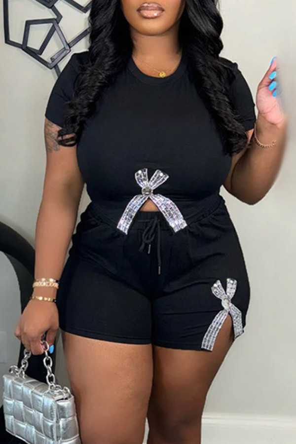 Black Casual Print Draw String Patchwork Slit O Neck Short Sleeve Two Pieces