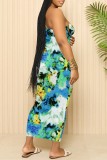 Peacock Blue Sexy Casual Floral Print Backless Spaghetti Strap Long Dresses
