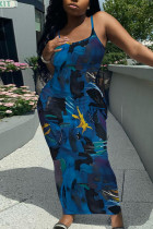 Dark Blue Sexy Casual Floral Print Backless Spaghetti Strap Long Dresses