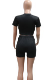 Black Casual Print Draw String Patchwork Slit O Neck Short Sleeve Two Pieces