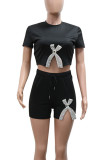 Black Casual Print Draw String Patchwork Slit O Neck Short Sleeve Two Pieces