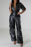 Black Casual Solid Color Pocket Turndown Collar Fitted Jumpsuits