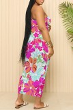 Peacock Blue Sexy Casual Floral Print Backless Spaghetti Strap Long Dresses