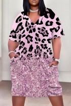 Pink Casual Print Pocket V Neck Short Sleeve Plus Size Dresses
