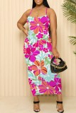 Peacock Blue Sexy Casual Floral Print Backless Spaghetti Strap Long Dresses