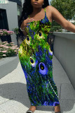 Peacock Blue Sexy Casual Floral Print Backless Spaghetti Strap Long Dresses