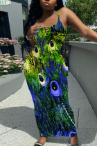 Peacock Blue Sexy Casual Floral Print Backless Spaghetti Strap Long Dresses