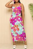 Peacock Blue Sexy Casual Floral Print Backless Spaghetti Strap Long Dresses