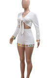 White Casual Hollow Out Patchwork Strap Design V Neck Long Sleeve Two Pieces