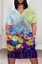 Multicolor Casual Print Pocket V Neck Short Sleeve Plus Size Dresses