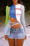 Colour Casual Print Patchwork Contrast O Neck Tops