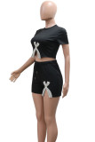 Black Casual Print Draw String Patchwork Slit O Neck Short Sleeve Two Pieces