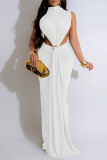 Black Elegant Solid Color Patchwork Ruched Half A Turtleneck Long Dresses