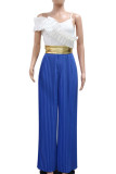 Black Casual Patchwork Backless Ruched Strap Design Contrast Ruffled Trim Spaghetti Strap Loose Jumpsuits