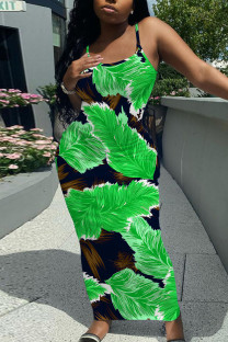 Green Sexy Casual Floral Print Backless Spaghetti Strap Long Dresses