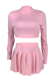 Pink Casual Solid Color Basic O Neck Long Sleeve Two Pieces
