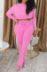 Pink Casual Tie Dye Print Lace Up O Neck Long Sleeve Two Pieces