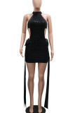 Black Sexy Solid Color Hollow Out Sequins Patchwork Zipper O Neck Wrapped Skirt Dresses