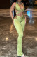 Green Sexy Solid Color Hollow Out Patchwork Backless Halter Sleeveless Two Pieces