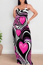 Rose Red Casual Print Backless Spaghetti Strap Long Dresses