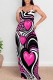 Rose Red Casual Print Backless Spaghetti Strap Long Dresses
