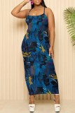 Peacock Blue Sexy Casual Floral Print Backless Spaghetti Strap Long Dresses