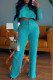 Sky Blue Casual Tie Dye Print Lace Up O Neck Long Sleeve Two Pieces