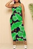 Peacock Blue Sexy Casual Floral Print Backless Spaghetti Strap Long Dresses