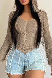 Brown Sexy Solid Color Patchwork Hooded Tops