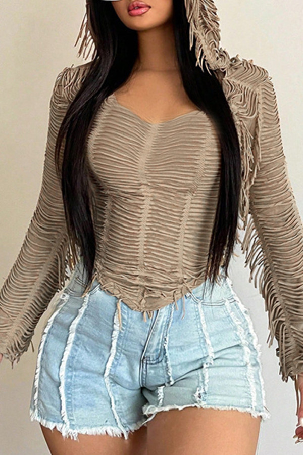 Brown Sexy Solid Color Patchwork Hooded Tops
