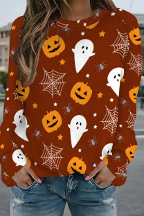 Orange Casual Street Graffiti Print Contrast O Neck Tops