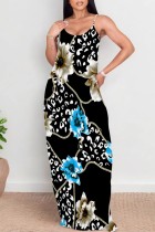 Black Casual Floral Print Backless Spaghetti Strap Long Dresses