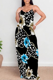 Black Casual Floral Print Backless Spaghetti Strap Long Dresses