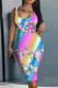 Pink Casual Print Basic U Neck Vest Dresses