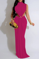 Rose Purple Elegant Solid Color Patchwork Ruched Half A Turtleneck Long Dresses