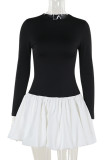 Black Sexy Patchwork Contrast O Neck Bud Dresses