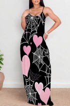 Black Pink Casual Print Backless Spaghetti Strap Long Dresses