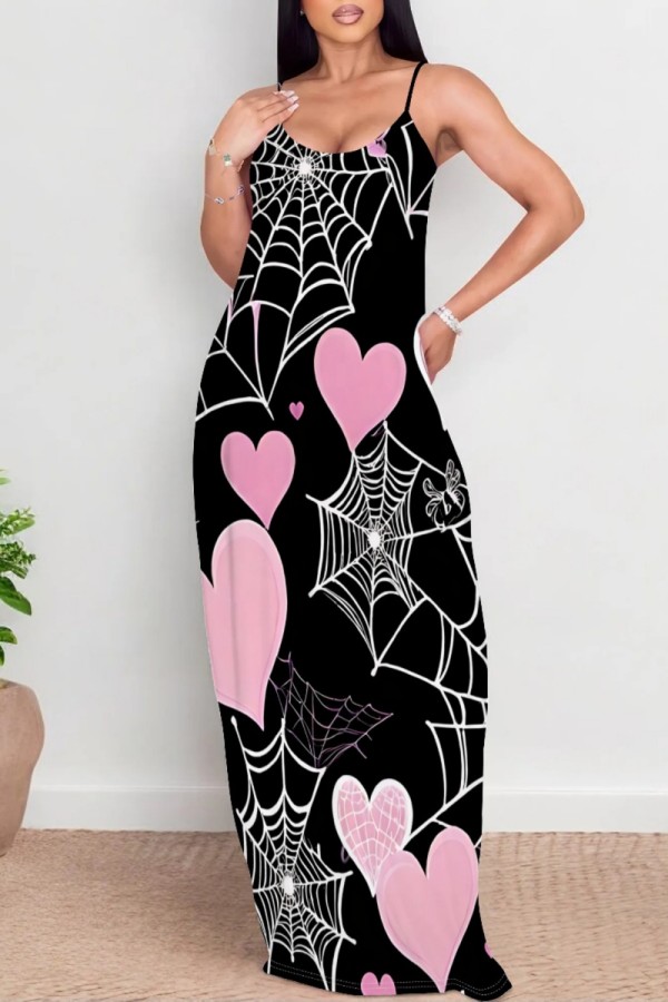Black Pink Casual Print Backless Spaghetti Strap Long Dresses