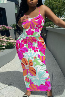 Pink Sexy Casual Floral Print Backless Spaghetti Strap Long Dresses