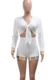 White Casual Hollow Out Patchwork Strap Design V Neck Long Sleeve Two Pieces