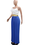 Black Casual Patchwork Backless Ruched Strap Design Contrast Ruffled Trim Spaghetti Strap Loose Jumpsuits