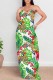 White Green Casual Floral Print Backless Spaghetti Strap Long Dresses