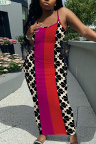 Fuchsia Sexy Casual Print Backless Spaghetti Strap Long Dresses
