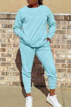 Light Blue Casual Solid Color Pocket Patchwork O Neck Long Sleeve Two Pieces