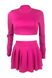 Pink Casual Solid Color Basic O Neck Long Sleeve Two Pieces