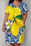 Army Green Casual Print Pocket V Neck Short Sleeve Plus Size Dresses