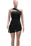 White Sexy Solid Color Patchwork Backless Asymmetrical Collar Irregular Dresses