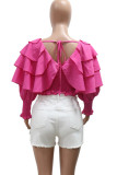 Green Street Solid Color Patchwork Ruched Strap Design V Neck Tops
